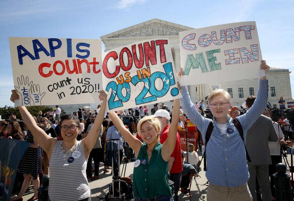 Protesters gathered outside the Supreme Court Tuesday as the court heard oral arguments on the Trump administration's plan to ask about citizenship in the 2020 census.
