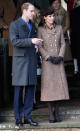 <p>Kate went for a sophisticated look for Christmas 2014. Wearing a brown tweed coat by Moloh, she accessorised with a matching Lock & Co hat, a printed silk scarf and brown heels by Emmy London.</p><p><i>[Photo: Getty]</i></p>