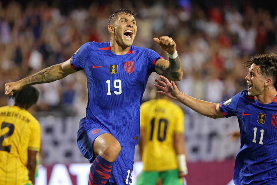 Brandon Vazquez celebrates after scoring the equalizing goal in a 1-1 tie against Jamaica in Gold Cup play at Soldier Field.