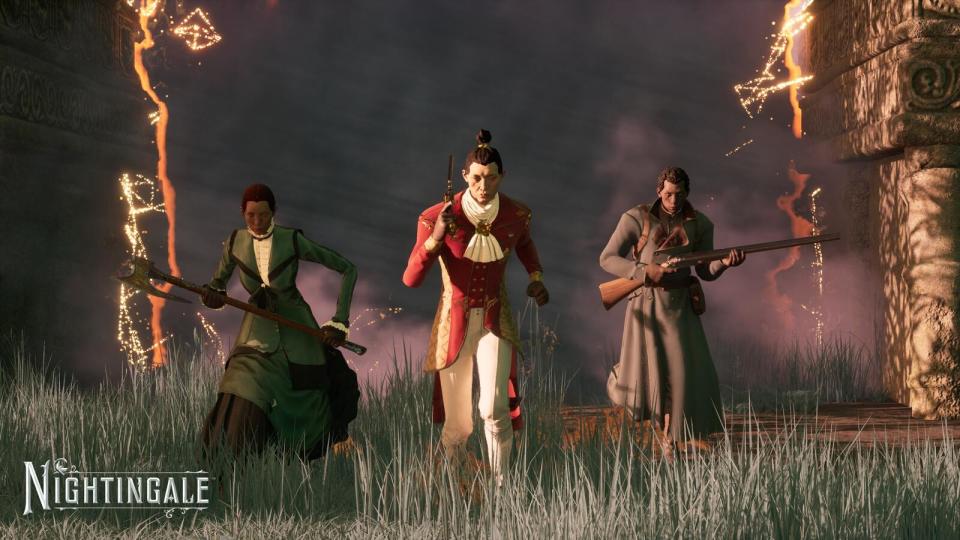 Nightingale promotional screenshot of players sprinting from a realm portal.