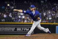 Chicago Cubs relief pitcher Craig Kimbrel throws to an Arizona Diamondbacks batter during the ninth inning of a baseball game Friday, July 16, 2021, in Phoenix. The Cubs won 5-1. (AP Photo/Rick Scuteri)