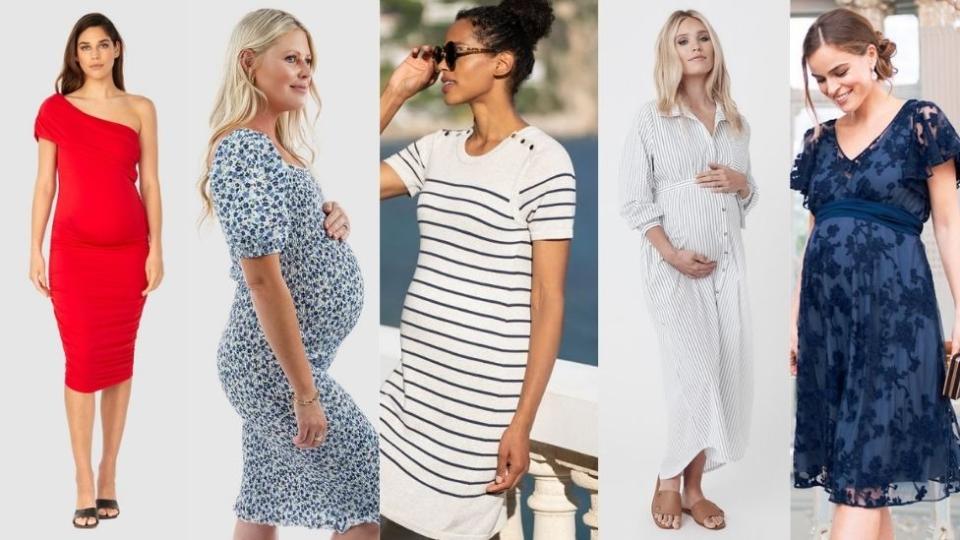 Montage of maternity dresses. Far left, red off the shoulder dress; left, tiny floral patterned dress in blue with short sleeves; centre, white dress with with horizontal black stripes and buttoned shoulders; right, long pastel shirt-waister with puffed sleeves; far right, navy lace midi dress with bell sleeves and v-neck.