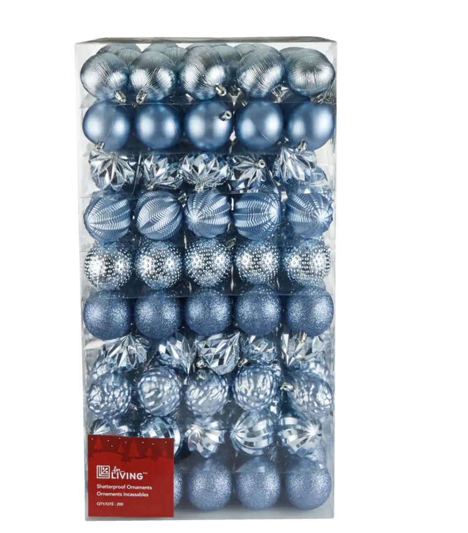 For Living Shatterproof Ball Ornament Set in different shades of blue (Photo via Canadian Tire)