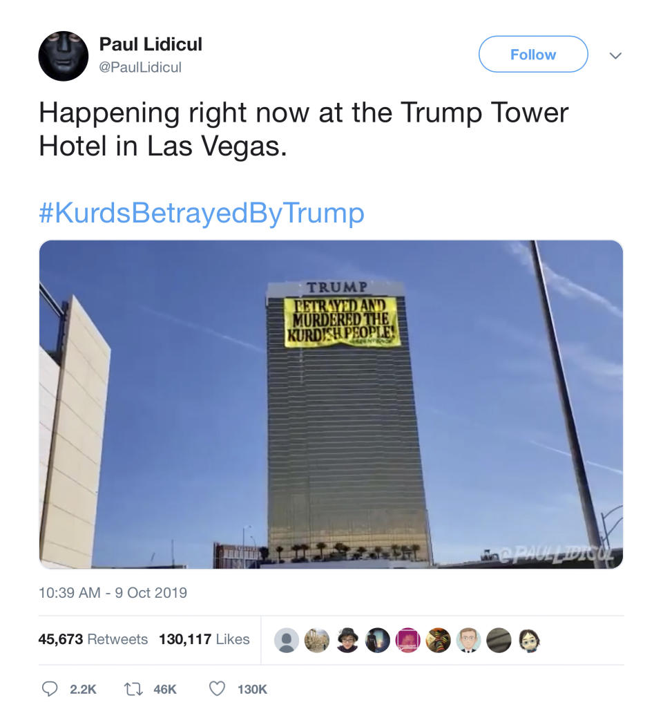 This image captured on Friday, Oct. 11, 2019 from the Twitter account of @PaulLidicul shows a manipulated video falsely depicting a protest banner reading, “Betrayed and murdered the Kurdish people! Greenpeace” on the Trump International Hotel in Las Vegas, posted on Oct. 9. The video was created in response to President Donald Trump’s decision earlier in the week to pull U.S. troops out of northeast Syria, which opened the way to attacks by Turkey on U.S-allied Kurdish forces. Greenpeace USA responded, “We want to make clear that this is a computer generated animation and not executed by Greenpeace.” (AP Photo)