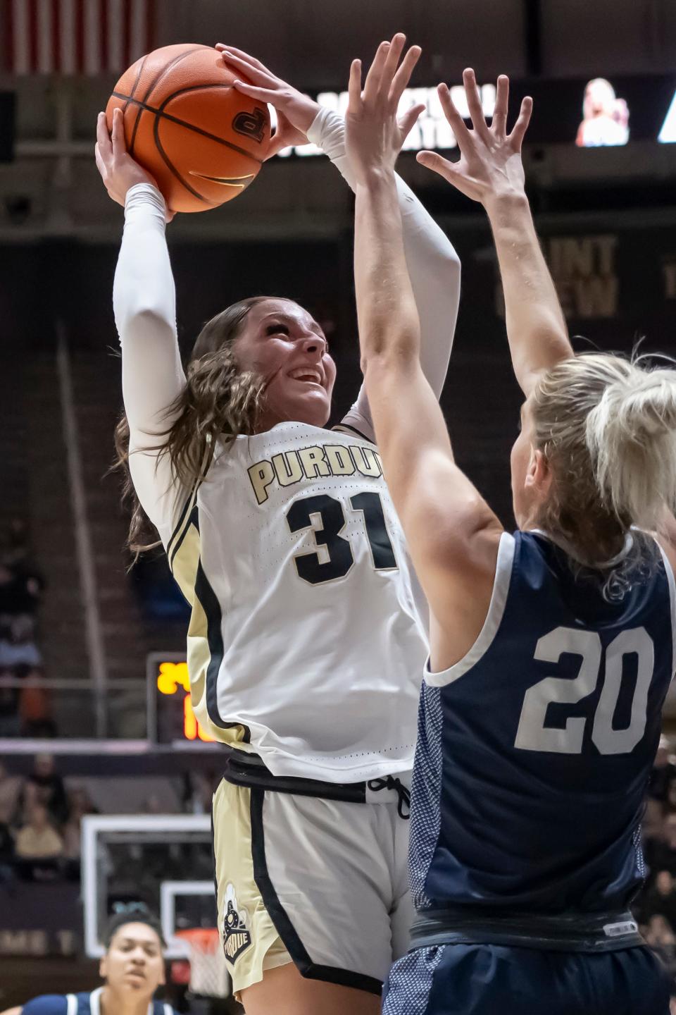 Purdue Boilermakers guard Sophie Swanson (31) shoots during the NCAA women’s basketball game against the Penn State Nittany Lions, Wednesday Feb. 28, 2024, at Mackey Arena in West Lafayette, Ind. Penn State won 93-88.