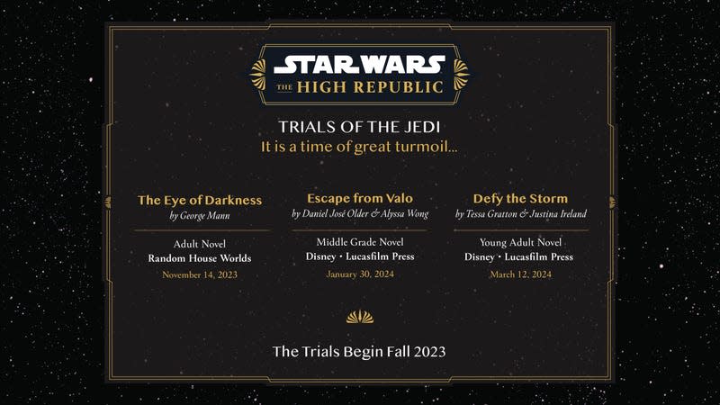 An image listing the publishing dates of the books in Star Wars: The High Republic phase three, named "Trials of the Jedi."