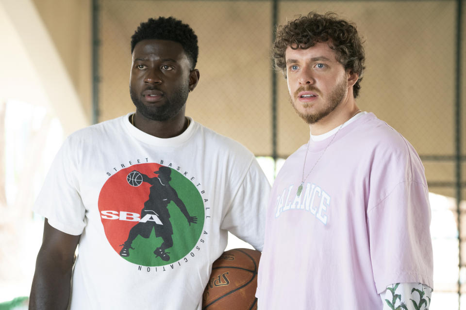 This image released by 20th Century Studios shows Sinqua Walls as Kamal, left, and Jack Harlow as Jeremy in a scene from "White Men Can't Jump." (Peter Lovino/20th Century Studios via AP)