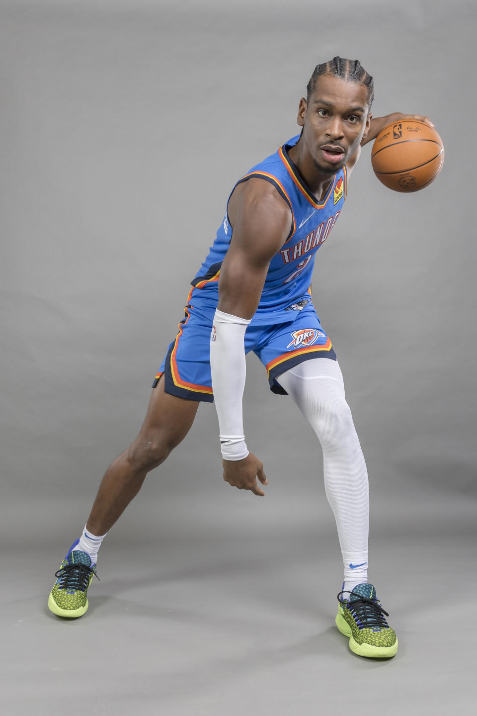 Oct 2, 2023; Oklahoma City, OK, USA; Oklahoma City Thunder guard Shai Gilgeous-Alexander (2) during media day at Oklahoma City Convention Center. Mandatory Credit: Alonzo Adams-USA TODAY Sports