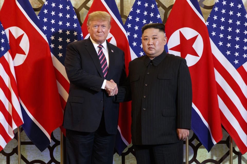 FILE - U.S. President Donald Trump, left, poses with North Korean leader Kim Jong Un for a photo in Hanoi, Vietnam, on Feb. 27, 2019. Even for a nation that has perfected the provocative, North Korean leader Kim Jong Un’s declaration that he would abandon the existential goal of reconciling with rival South Korea was a shock. But a closer look shows it’s the almost inevitable culmination of years of building tension. (AP Photo/Evan Vucci, File)