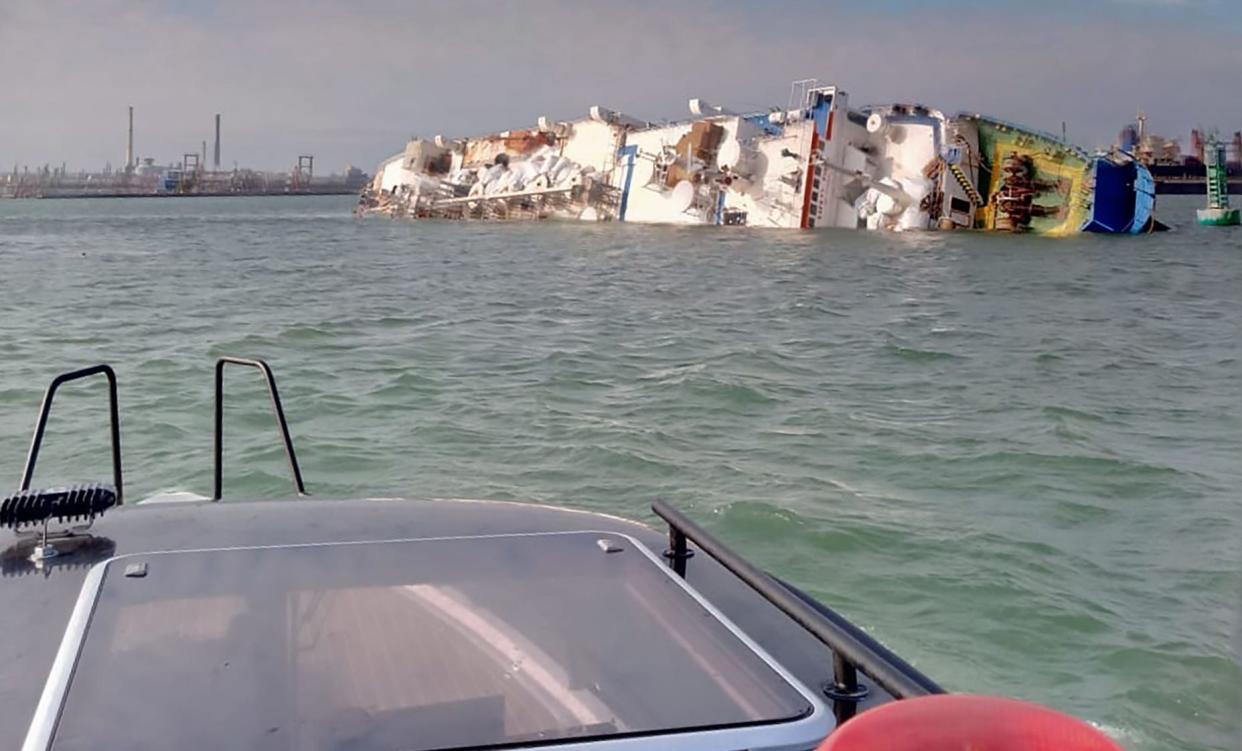 This handout photo made available by the General Inspectorate for Emergency Situations (IGSU) shows a capsized livestock transpot vessel, in the "Midia" Black See harbour near Constanta on November 24, 2019.