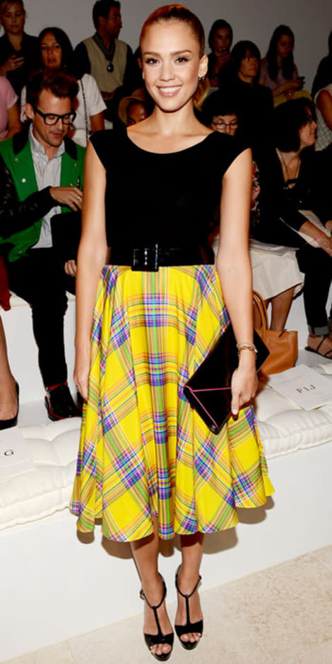 Jessica Alba goes for bold hued plaid at Calvin Klein