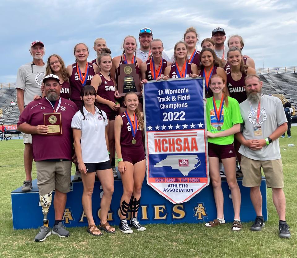 The Swain County girls track and field team poses after winning the 2022 NCHSAA 1A state championship Saturday, May 21, at North Carolina A&T University in Greensboro.