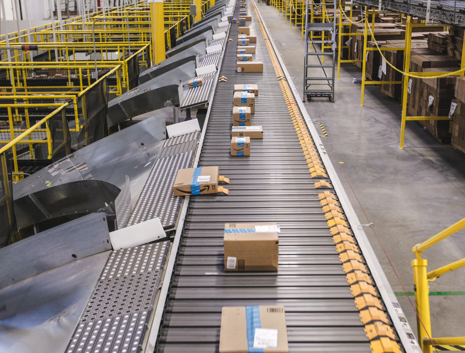 Boxes in an Amazon fulfillment center.