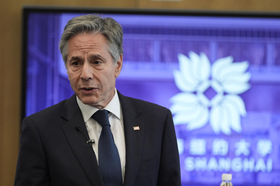 U.S. Secretary of State Antony Blinken talks to students at NYU Shanghai, Thursday, April 25, 2024, in Shanghai, China. (AP Photo/Mark Schiefelbein, Pool)