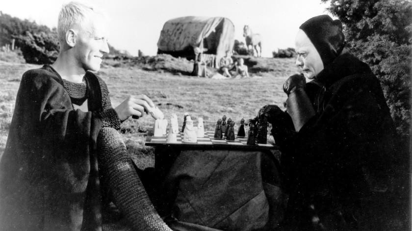 Antonius Block (Max von Sydow) challenges Death (Bengt Ekerot) to a game of chess in "The Seventh Seal."