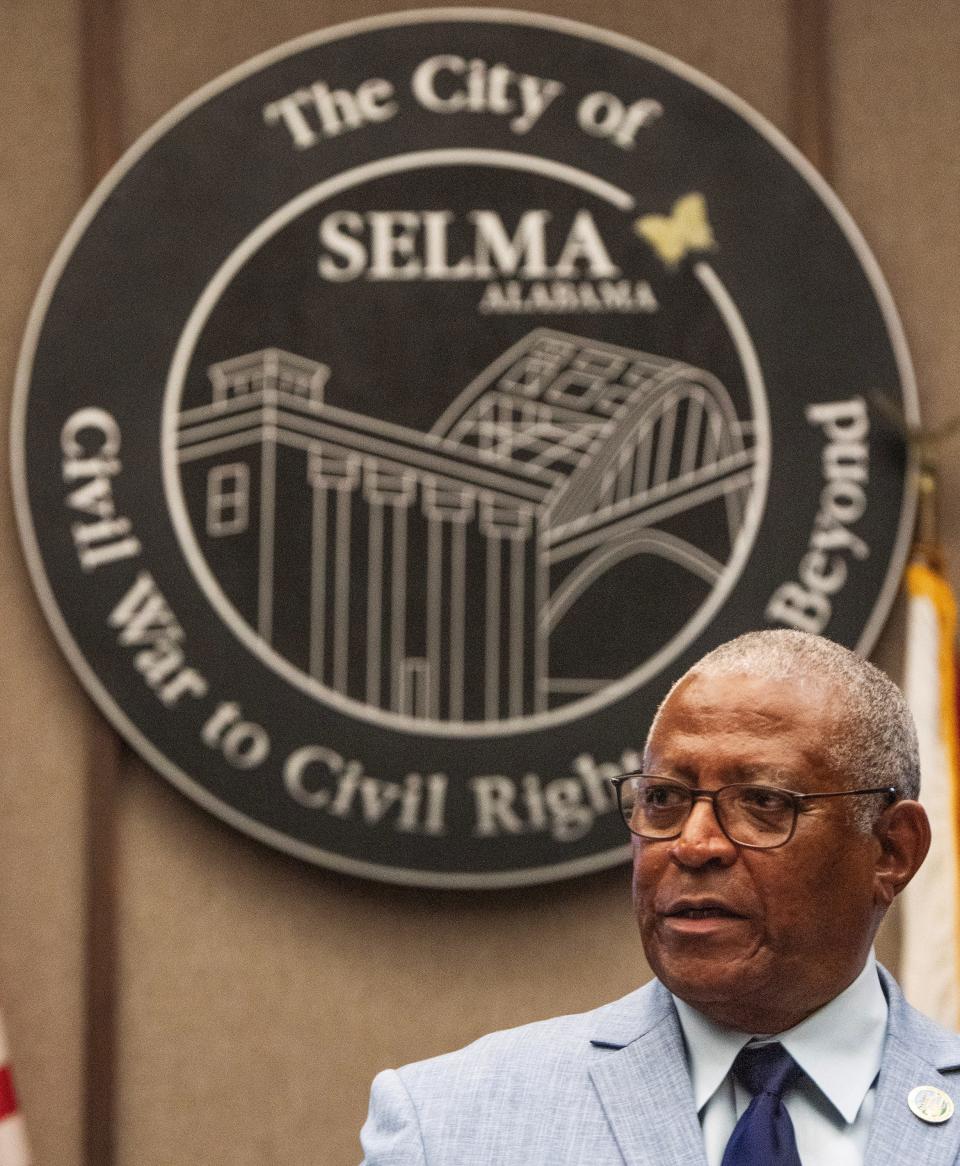 Selma Mayor James Perkins discusses placing Police Chief Kenta Fulford on administrative leave with pay, during a news conference in Selma, Ala., on Wednesday May 1, 2024.