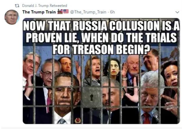 In November 2018, President&nbsp;Donald Trump retweeted this faked image of people behind bars &mdash; including prominent Democrats, special counsel Robert Mueller and even his own Deputy Attorney General Rod Rosenstein. (Photo: Screen Shot/Donald Trump retweet)