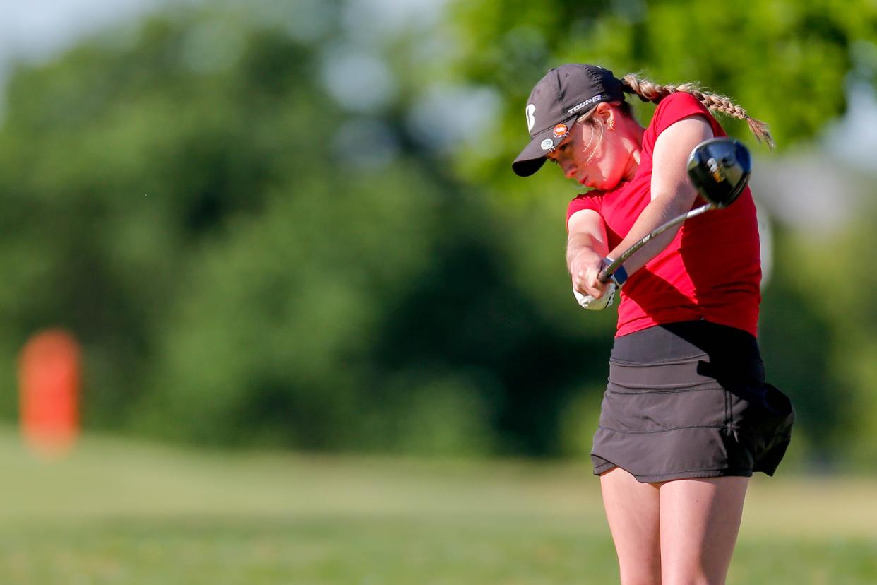 Christian Heritage’s Raelynn Dodd tees off at the Class 3A Girls golf state tournament at Lincoln Park Golf Course in Oklahoma City on Monday, April 29, 2024.