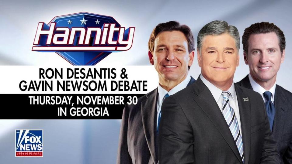 Sean Hannity will moderate a debate between Florida Governor and Republican presidential candidate Ron DeSantis and Democrat California Governor Gavin Newsom on Nov. 30 on his show ‘Hannity’ on FOX News Channel.