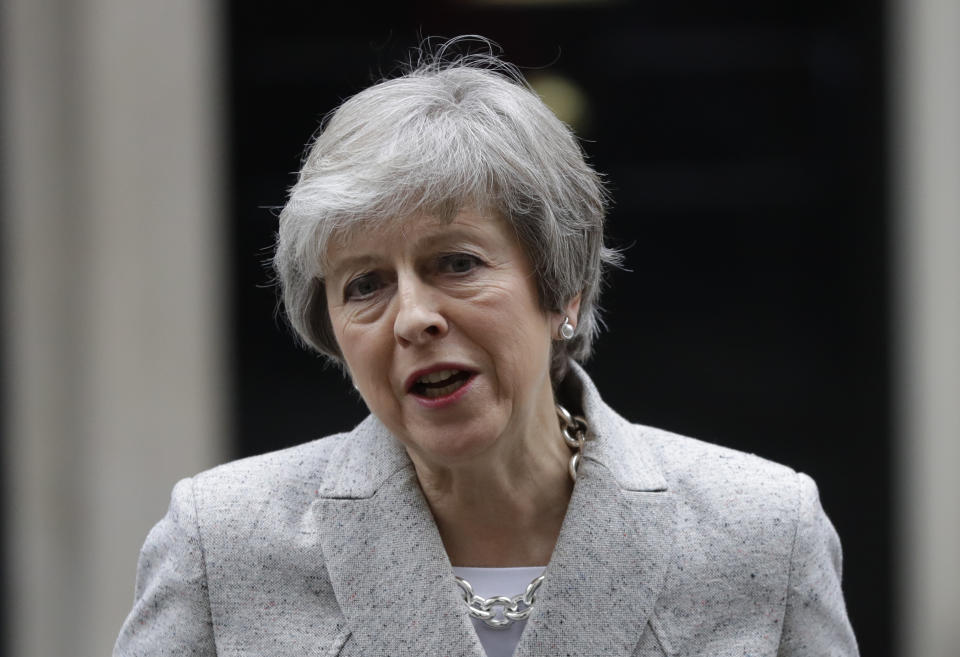 Britain's Prime Minister Theresa May makes a statement outside 10 Downing Street, London, Thursday Nov. 22, 2018. (AP Photo/Kirsty Wigglesworth)