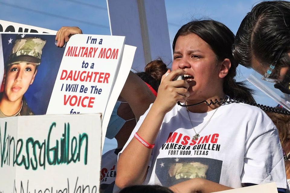 Lupe Guillen, younger sister to missing Pfc. Vanessa Guillen, screams out for justice and for Fort Hood officials to return the soldier alive during a protest outside the base on June 12, 2020. [HEATHER OSBOURNE/STATESMAN]