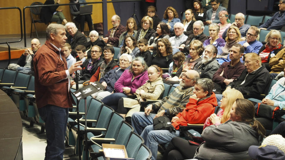 In this Monday, Jan. 21, 2019 photo provided by Zoe Selsky, U.S. Sen. Jeff Merkley holds a town hall at Chemeketa Community College in Salem, Ore. On a day when another U.S. senator formally entered the 2020 presidential race, Merkley, who's also pondering a run, seemed content to just be a senator by holding a town hall back in his home state of Oregon. (Zoe Selsky via AP)