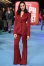<p><strong>November 2018 </strong>Gal Gadot wore a red suit with flared trousers for a premiere in London.</p>