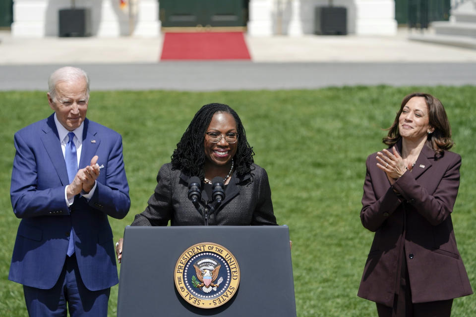 President Joe Biden and Vice President Kamala Harris applaud Judge Ketanji Brown Jackson as Jackson speaks during an event on the South Lawn of the White House in Washington, Friday, April 8, 2022, celebrating the confirmation of Jackson as the first Black woman to reach the Supreme Court. (AP Photo/Andrew Harnik)