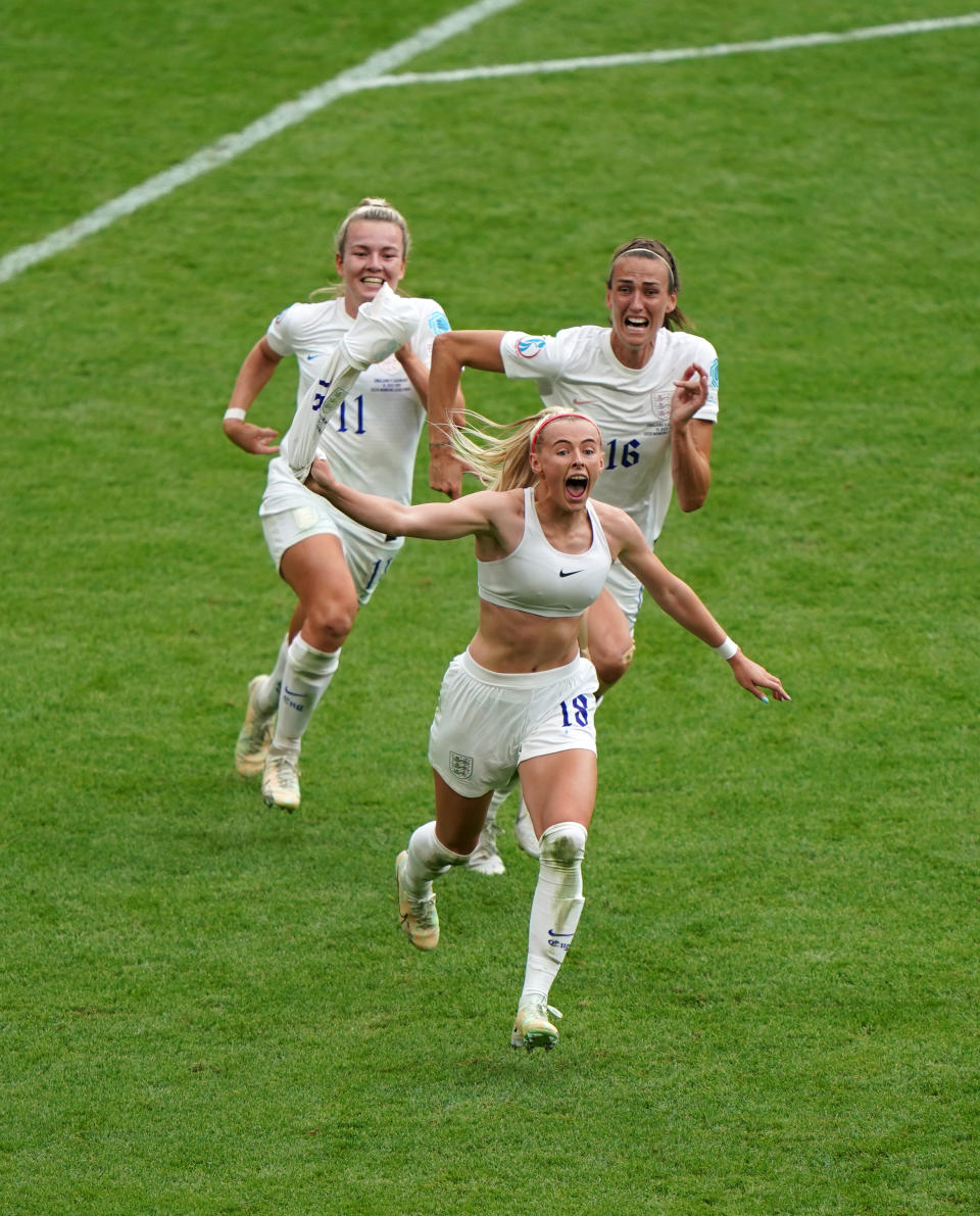 England's Chloe Kelly celebrates scoring their side's second goal of the game during the UEFA Women's Euro 2022 final at Wembley Stadium, London. Picture date: Sunday July 31, 2022.