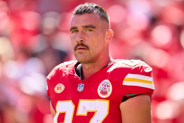 <p>Cooper Neill/Getty</p> Travis Kelce on September 24, 2023 in Kansas City, Missouri.