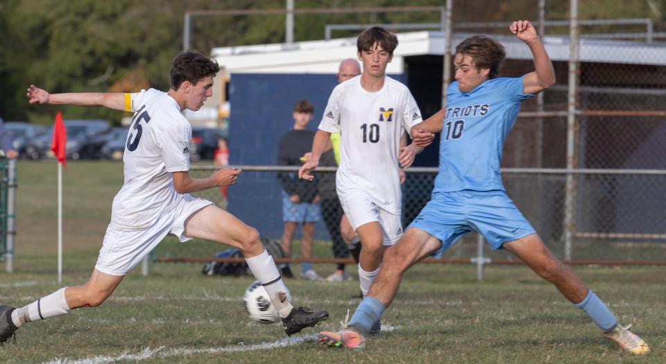 Freehold Tim Bertscha kicks in Freehold’s second goal of game. Freehold Township Boys Soccer defeats Marlboro 2-0 in Freehold Township on September  29, 2022. 