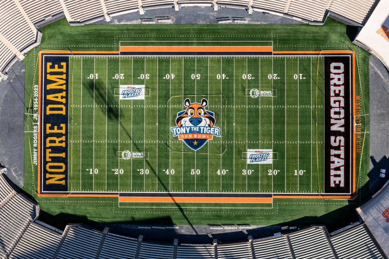 Sun Bowl Stadium with the painted teams, Notre Dame and Oregon State, and sponsor logos before the Tony the Tiger Sun Bowl, Friday, Dec. 15, 2023.