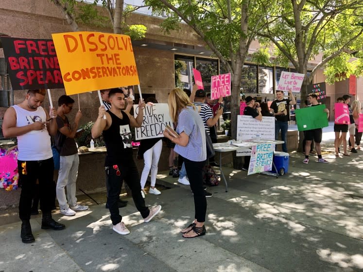 Britney Spears protest her conservatorship outside the Stanley Mosk Courthouse in downtown Los Angeles on September 18. Inside the courthouse, a hearing on the conservatorship was set to begin soon.