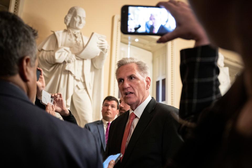 U.S. Speaker of the House Rep. Kevin McCarthy (R-CA) speaks to reporters on his way to the House Chamber at the U.S. Capitol on May 15, 2023 in Washington, DC. McCarthy will meet with President Joe Biden on Tuesday as debt ceiling talks continue.