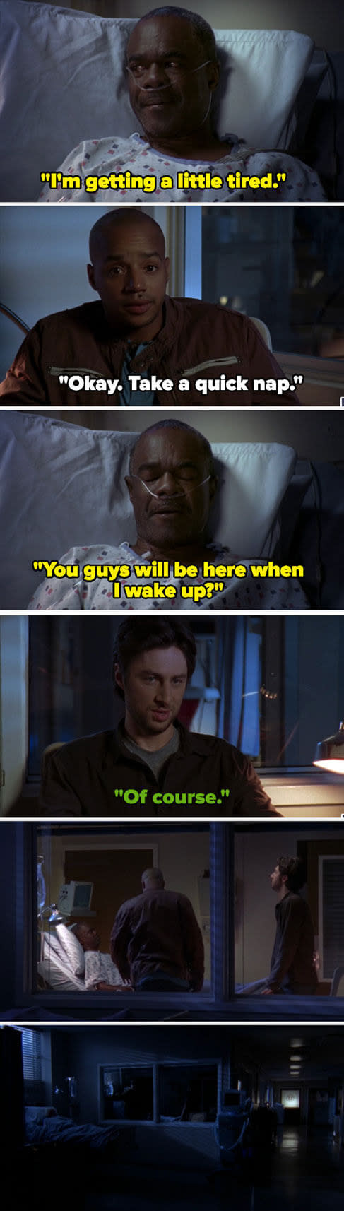 George says he's tired, and Turk tells him to sleep. George asks if they'll be there when he wakes up, and JD says they will — but then he dies