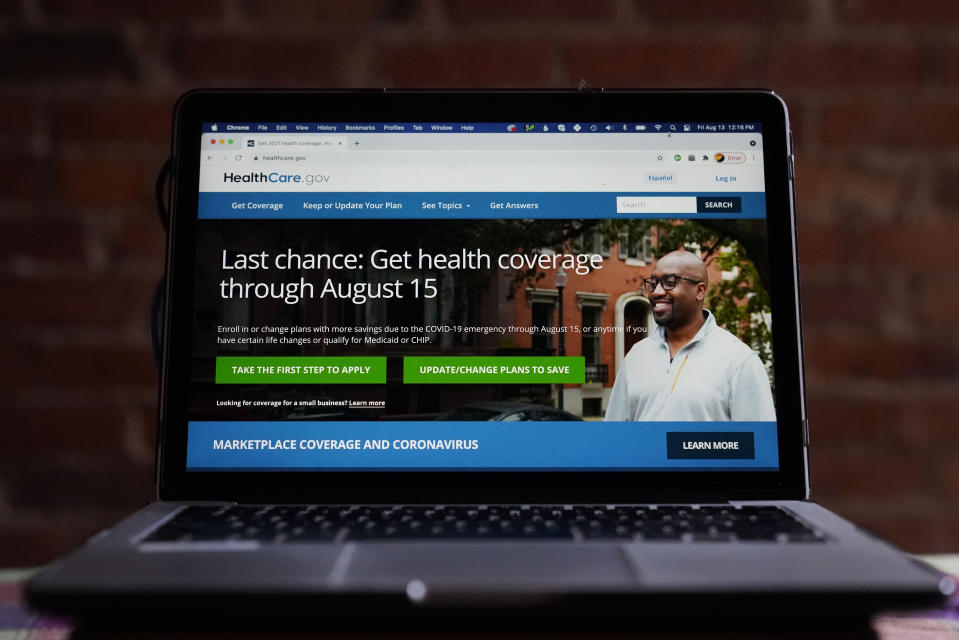 The HealthCare.gov website is photographed in Washington, Friday, Aug. 13, 2021. With the Obama health care law undergoing a revival under President Joe Biden, this Sunday is the deadline for consumers to take advantage of a special sign-up period for private coverage made more affordable by his COVID relief law. (AP Photo/Pablo Martinez Monsivais)