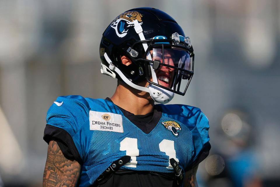 Jacksonville Jaguars wide receiver Parker Washington (11) smiles during training camp Monday, Aug. 7, 2023 at Miller Electric Center at EverBank Stadium in Jacksonville, Fla. This was the 11th day of training camp. 