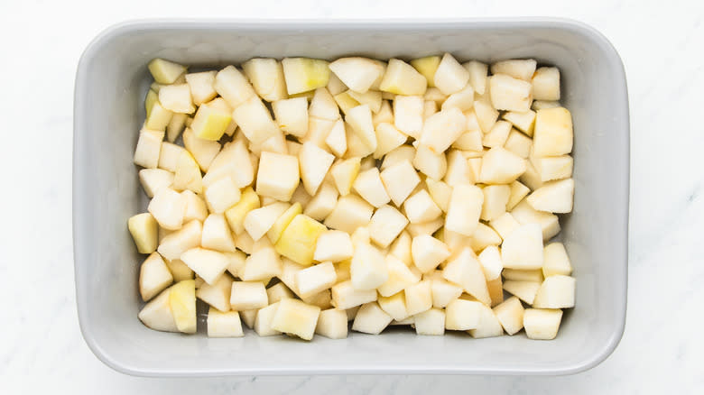 Diced pears in baking dish