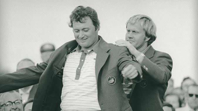 Ray Floyd Jack Nicklaus, right, assists Raymond Floyd in putting on his green jacket after Floyd won the Masters Championship at Augusta, Ga.