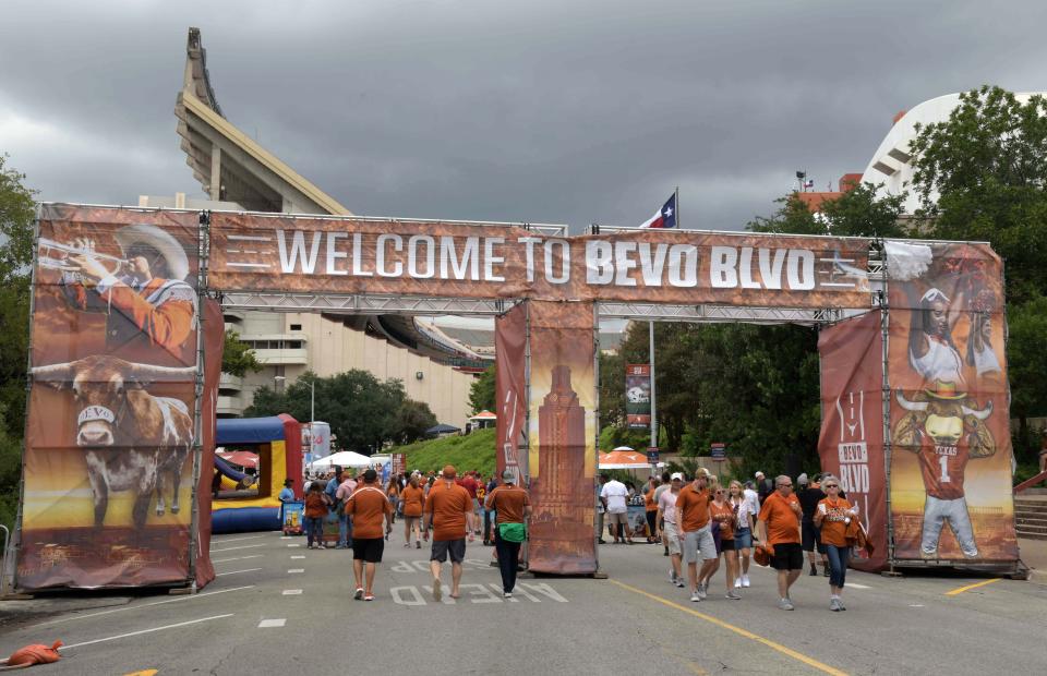 Sep 15, 2018; Austin, TX, USA; General overall view of the entrance to the Bevo Blvd. tailgate zone before the game between the Southern California Trojans and the Texas Longhorns at Darrell K Royal-Texas Memorial Stadium. Mandatory Credit: Kirby Lee-USA TODAY Sports