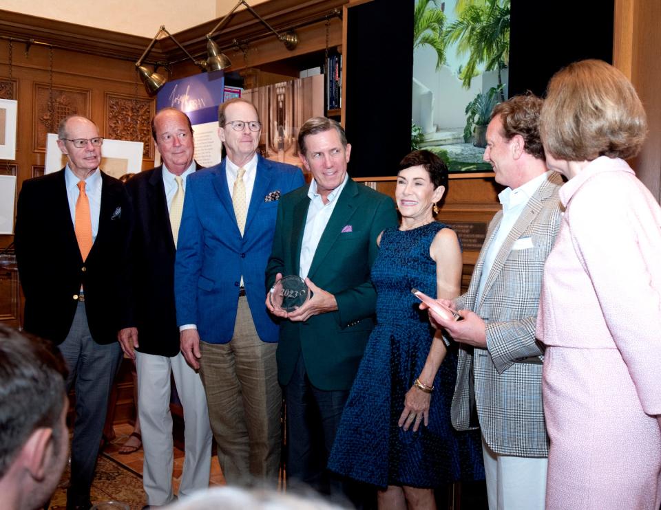 Chip Mattison, from left, John Schuler Jr., Robert Schuler, John VerBockel, Kitty Carbonara, Stan Dixon and Libby Ogburn attend the April 6 Elizabeth L. and John H. Schuler Award Presentation and Reception the Preservation Foundation of Palm Beach.