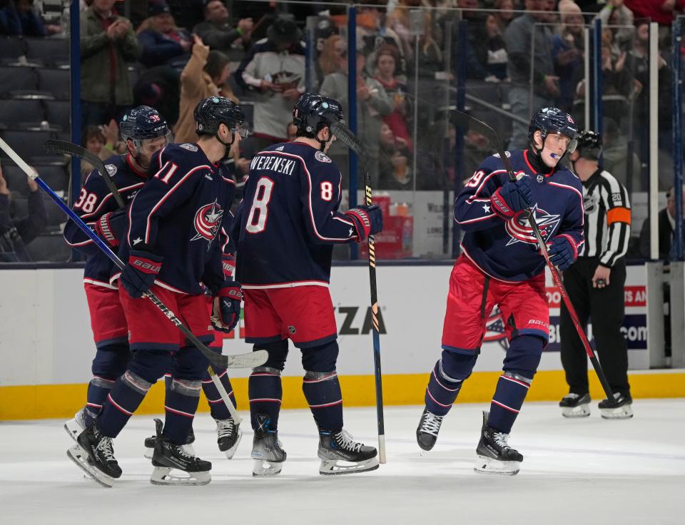 Dec. 1, 2023; Columbus, Ohio, USA; 
Columbus Blue Jackets right wing Patrik Laine (29) celebrates his goal during the first period of FridayÕs hockey game against the Ottawa Senators at Nationwide Arena.