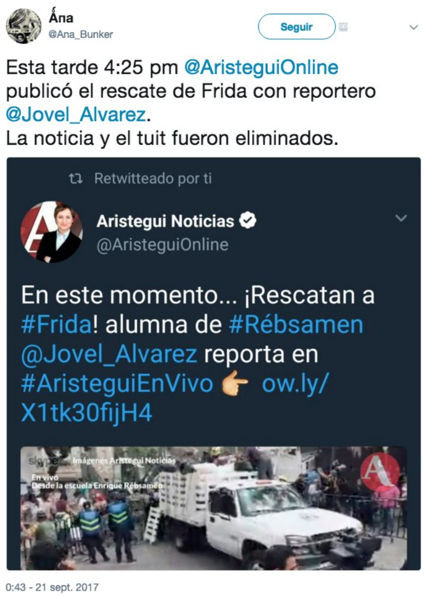 Tuit del anuncio del rescate de Frida que fue borrado. Foto: Twitter