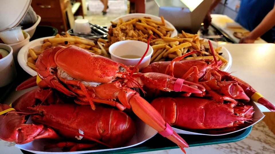 Lobster at Shaw's Wharf in New Harbor is a great summer dining destination where you sit outside over the water where lobster boats come in with their bounty.