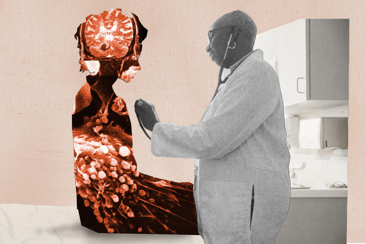 A photo illustration shows a doctor holding a stethoscope up to a woman, whose outline is filled with a brain scan, X-rays and enlarged cells.