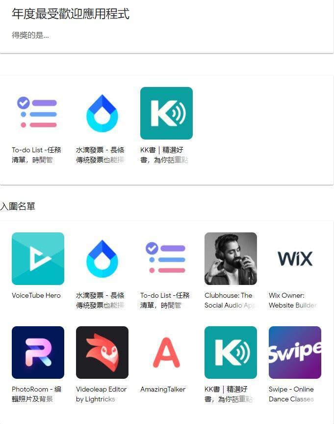 年度最受歡迎應用程式由《水滴發票》《To-Do List》《KK 書》奪下。（翻攝Google Play）