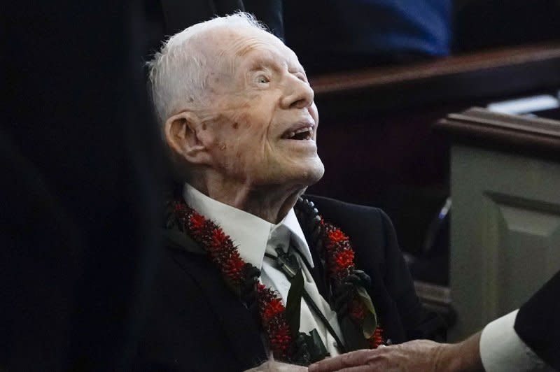 Former President Jimmy Carter, 99, attends the funeral service for his wife and former first lady Rosalynn Carter, at Maranatha Baptist Church on Wednesday in Plains, Ga. The former first lady died on Nov. 19. She was 96. Pool Photo by Alex Brandon/UPI