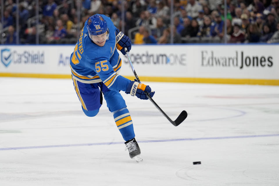 St. Louis Blues' Colton Parayko scores during the second period of an NHL hockey game against the Pittsburgh Penguins Saturday, Oct. 21, 2023, in St. Louis. (AP Photo/Jeff Roberson)