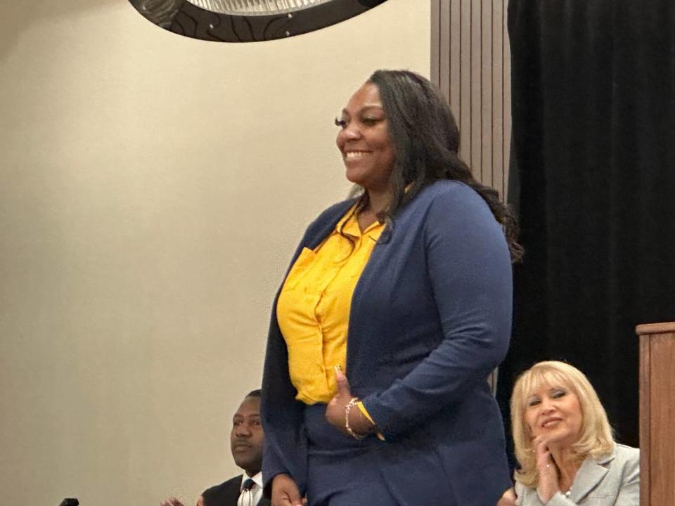 Miami Northwestern’s Mackenzie Colson-Mcleish smiles after being presented with a General Chappie James Memorial Scholarship by the Orange Bowl Committee at the Miami-Dade Public Schools/GMAC Scholar Athlete Awards held at the Doubletree by Hilton Miami Airport hotel.