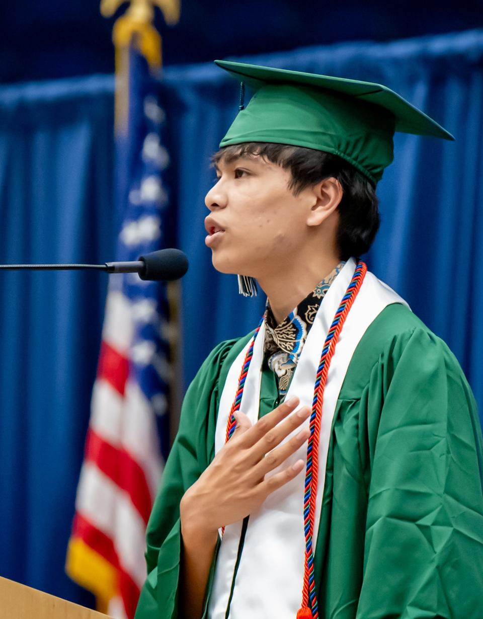 Dover High School Class of 2024 Vice President Aaron Djohan to speaks classmates during graduation at the Whittemore Center Thursday, June 6.